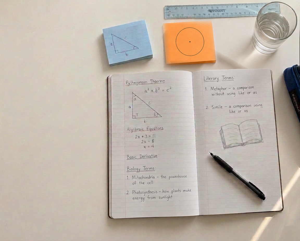 Notebook with math and science notes, flashcards and study supplies